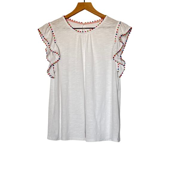 Boden White Pom Trim Ruffle Sleeve Cotton Top Size US 10 - Picture 5 of 9